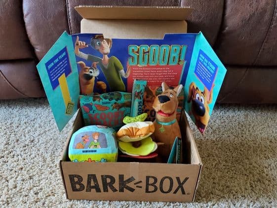 Bark box with Scooby Doo themed toys.