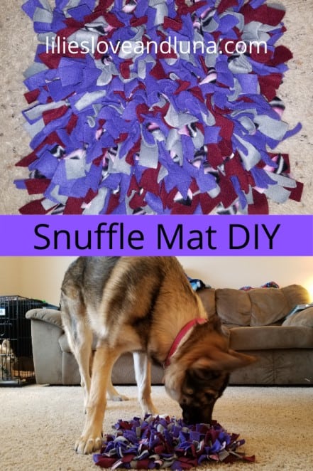 Pin image with a snuffle mat above the words Snuffle Mat DIY above an image of a German shepherd sniffing a snuffle mat.