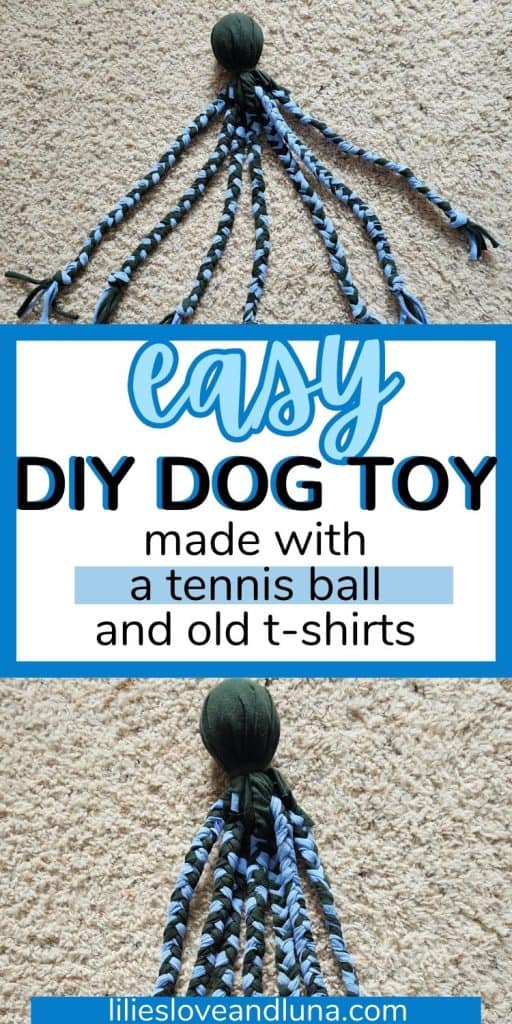 Two tennis ball t-shirt toys with a text overlay that reads easy diy dog toy made with a tennis ball and old t-shirts.