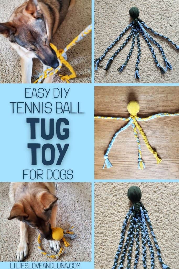 Pin image of a collage of pictures with a German Shepherd playing with a tennis ball tshirt toy and the toy by itself with a text overlay that reads easy diy tennis ball tug toy for dogs.