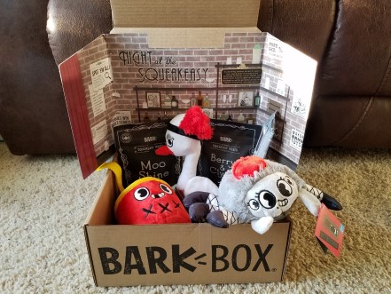 Bark Box with 1920s speakeasy themed toys.