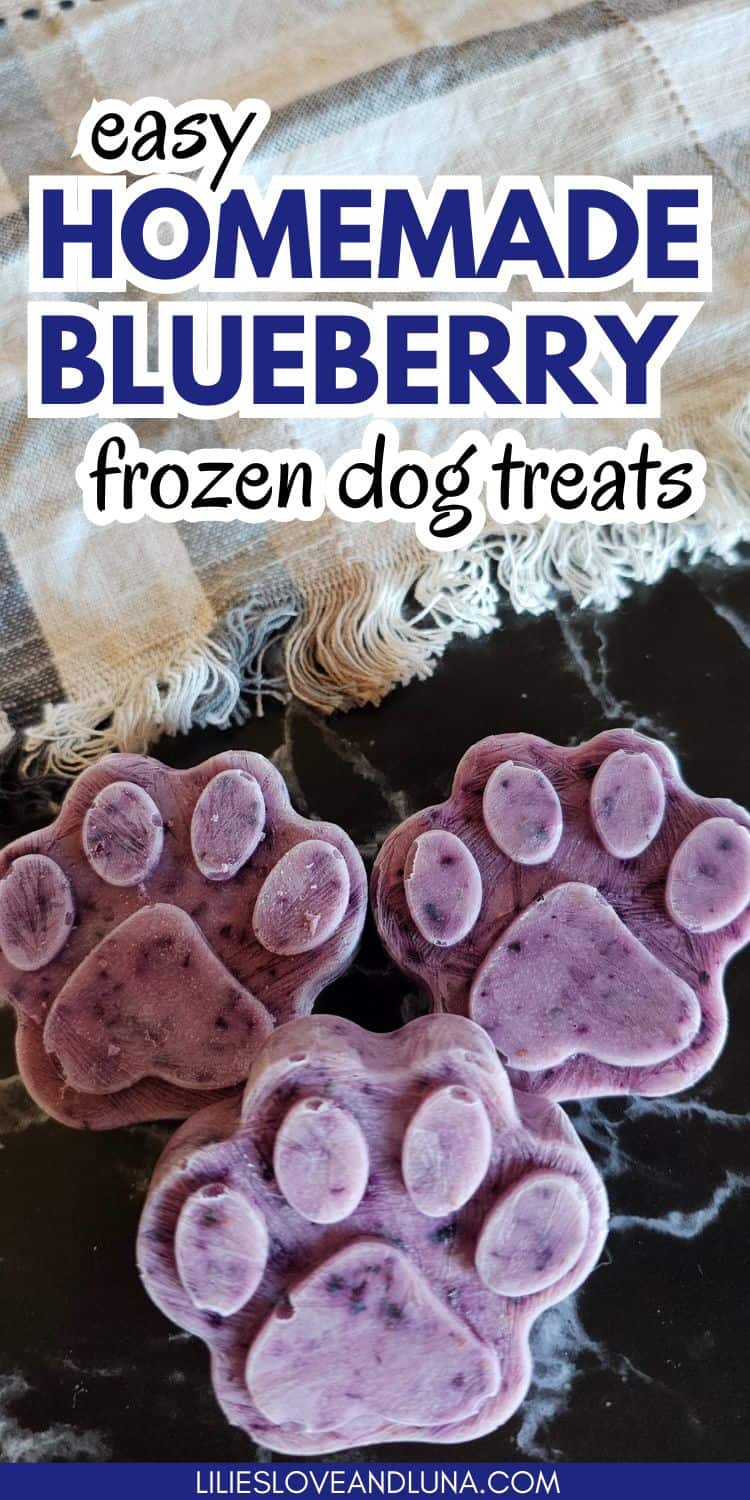 Three paw-shaped frozen dog treats made with blueberries are placed on a dark surface, alongside a textured cloth, showcasing an easy recipe for homemade dog snacks.