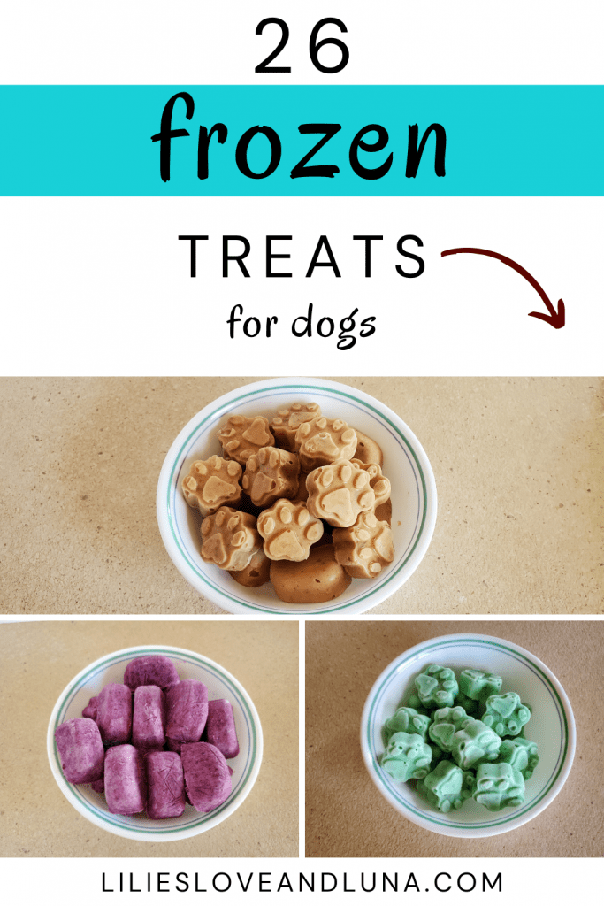 The words 26 frozen treats for dogs with a variety of frozen dog treats pictured.