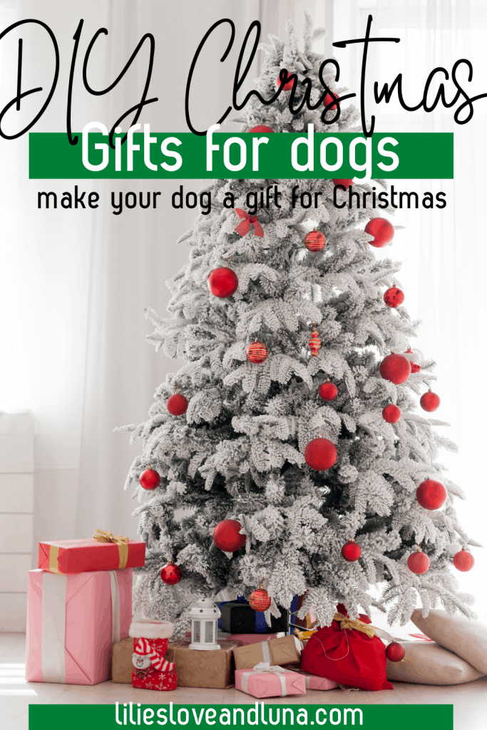 A Christmas tree with presents under it and the words DIY Christmas gifts for dogs, make your dogs a gift for Christmas.