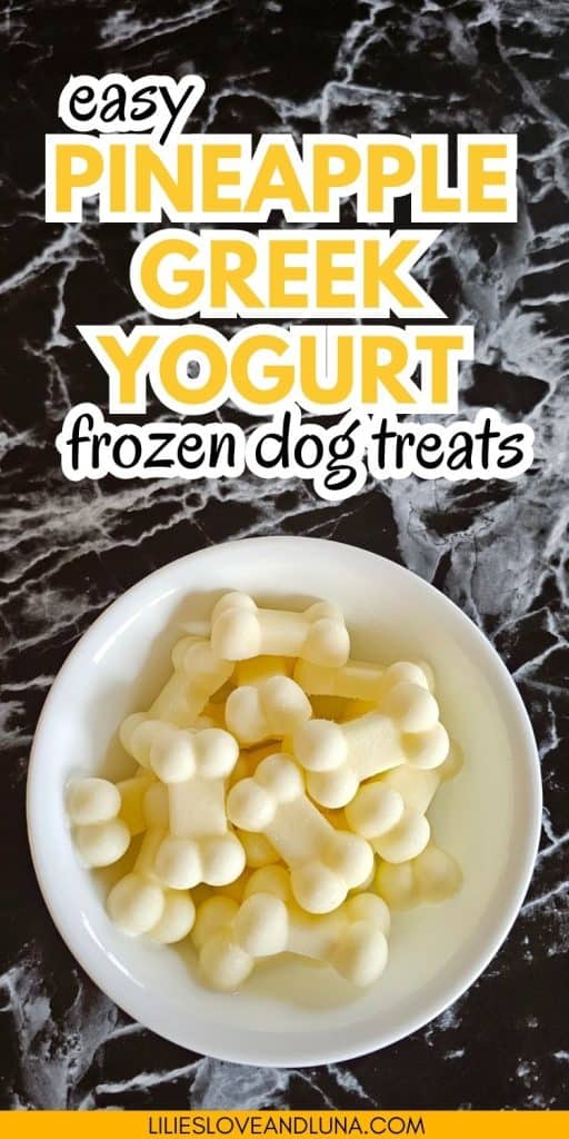 A bowl filled with small bone-shaped frozen dog treats made from pineapple and Greek yogurt sits on a marble surface.