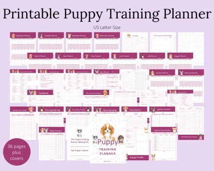 Mockup of purple printable puppy training planner pages.