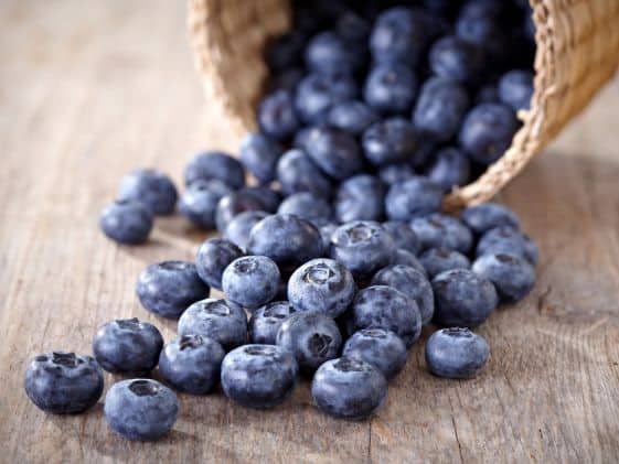 Blueberries spilling out of a wicker basket.