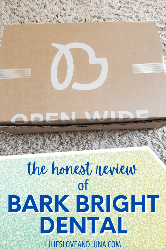 Pin image of a review of Bark Bright Dental with an unopened Bark Bright box.