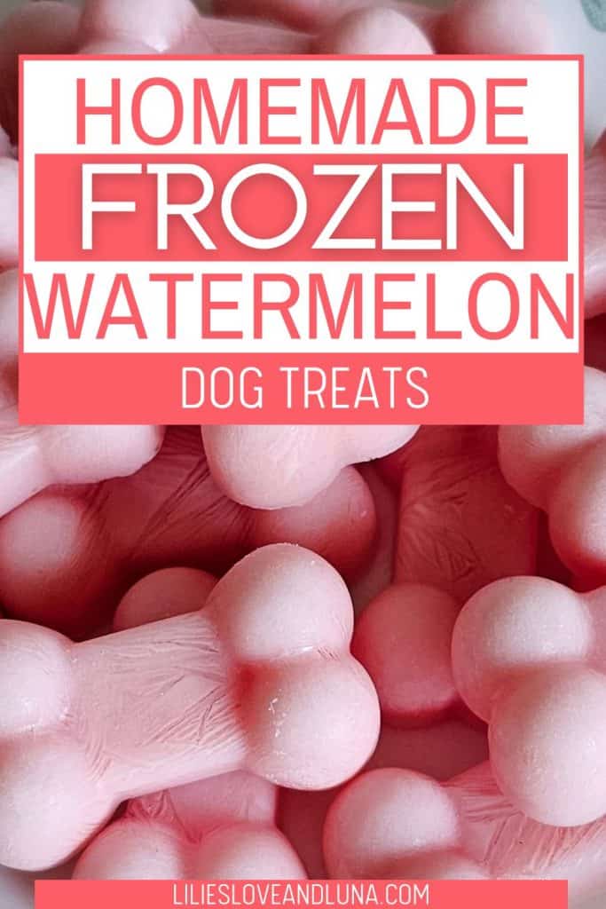 Pin image of bone shaped frozen dog treats with a text overlay that reads homemade frozen watermelon dog treats.