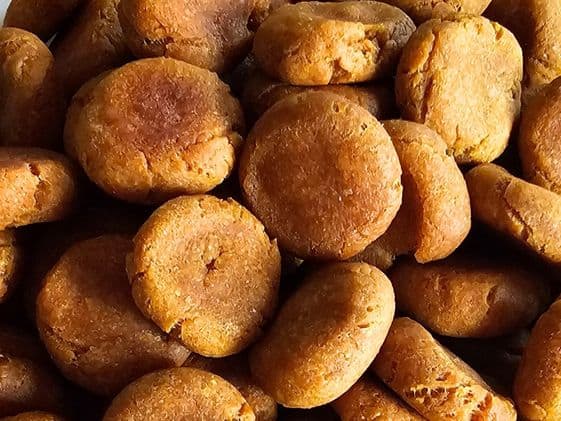 A closeup of soft peanut butter and pumpkin dog treats.