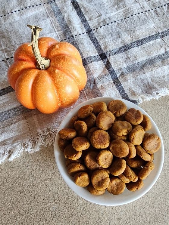 A bowl of soft peanut butter pumpkin dog treats next to a small pumpkin and a linen towel.