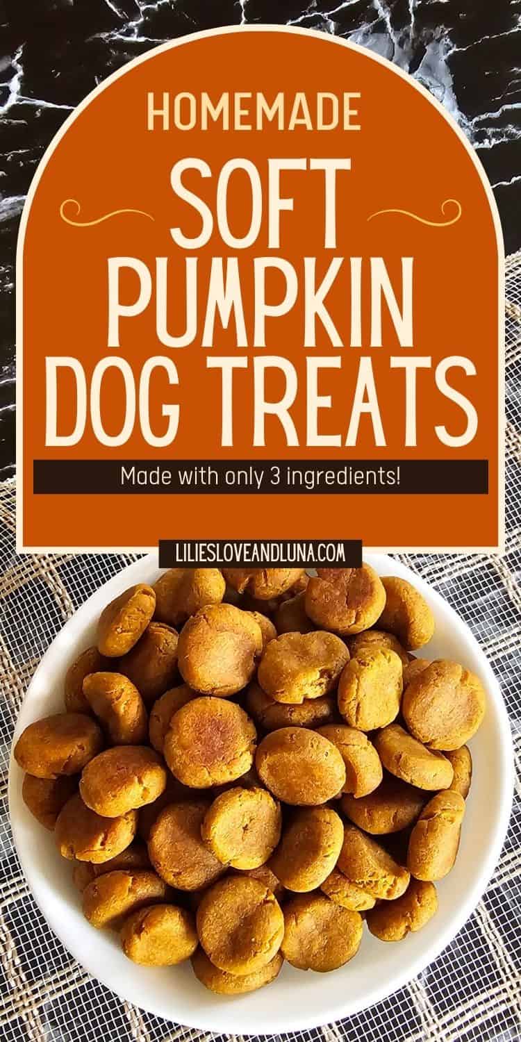 A white bowl filled with small, round, soft pumpkin dog treats sits on a woven mat, with a banner above stating "Homemade Soft Pumpkin Dog Treats Made with Only 3 Ingredients."