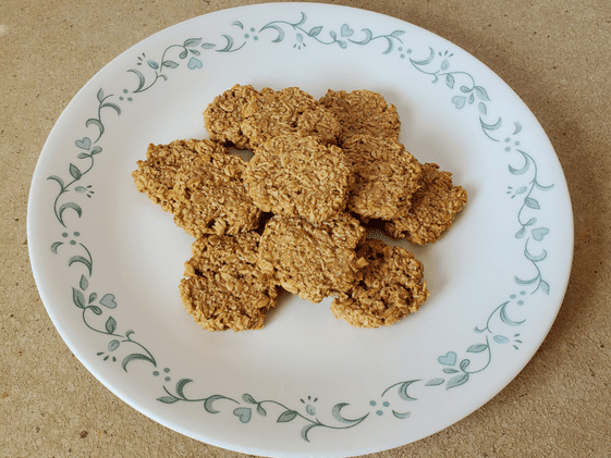 Oatmeal applesauce dog treats on a plate after baking.