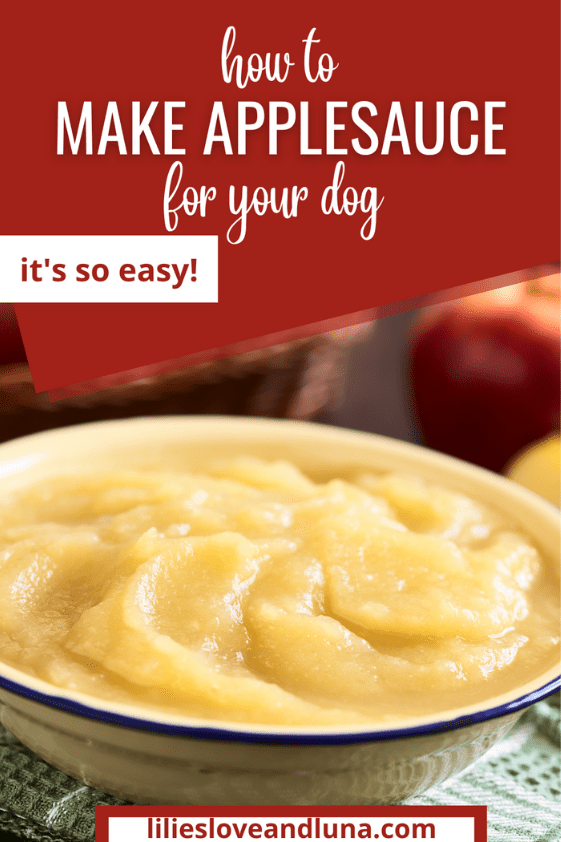 Pin image for how to make applesauce for dogs with a bowl of applesauce below the title words.