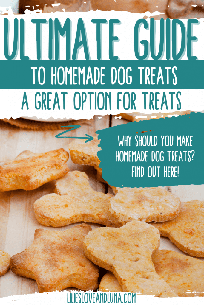 Pin image for Ultimate Guide to homemade dog treats with a closeup of bone and star shaped dog treats.