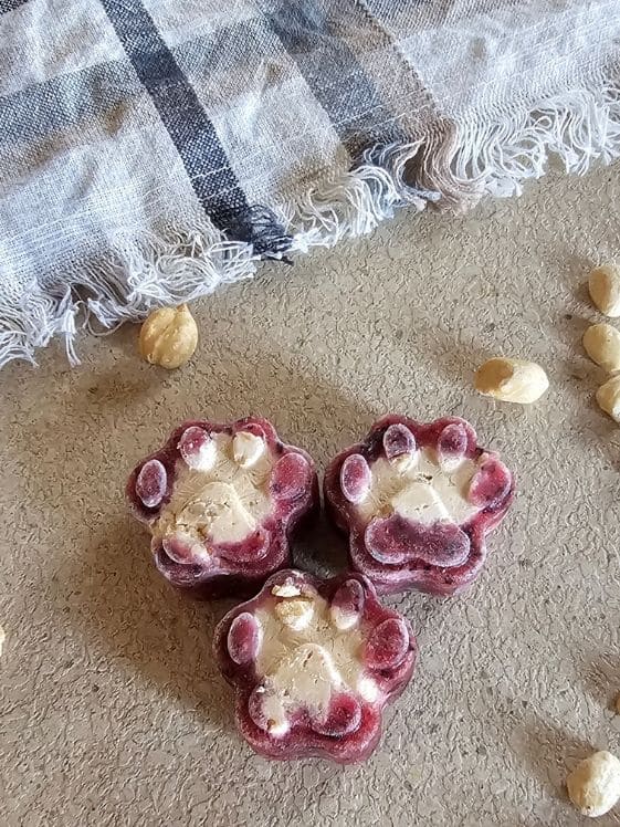 Paw shaped peanut butter and jelly frozen dog treats next to a towel with peanuts scattered nearby.