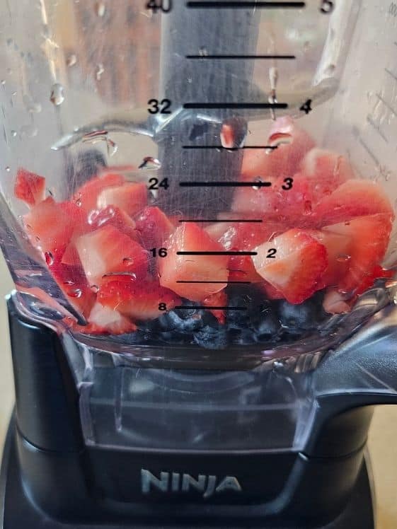 Chopped strawberries and blueberries in a blender.