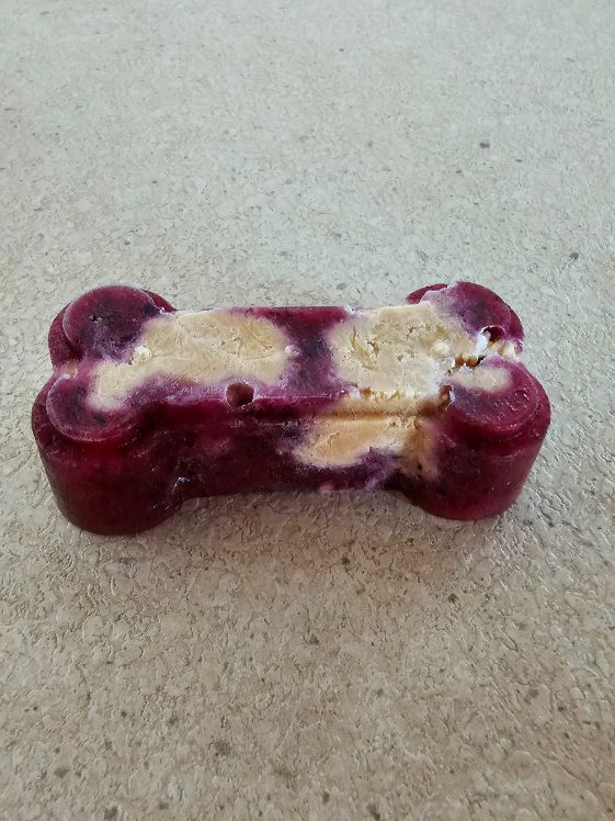 Bone shaped peanut butter and jelly dog treat.