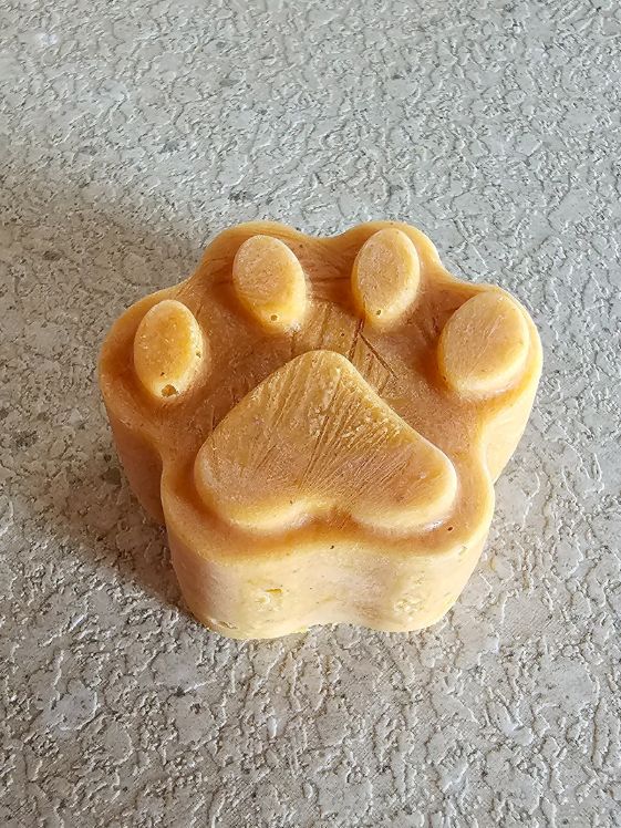 Paw shaped frozen pumpkin dog treat.