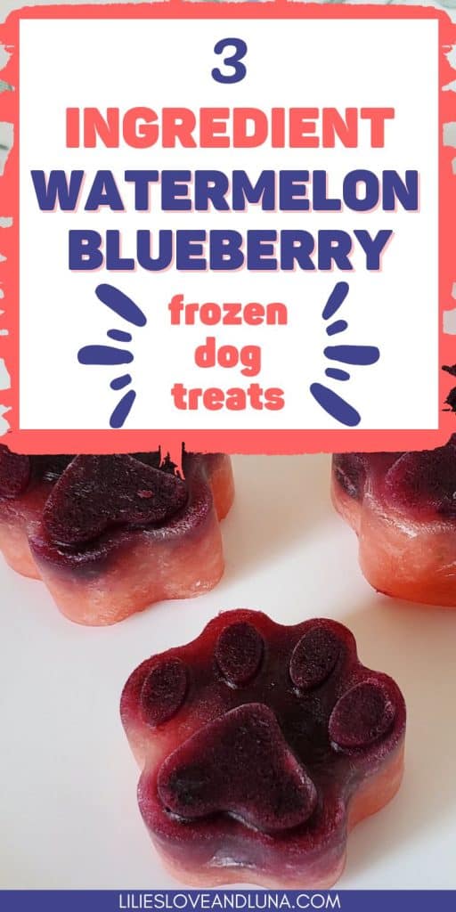 Pin image for 3 ingredient watermelon blueberry frozen dog treats with a picture of paw shaped treats.