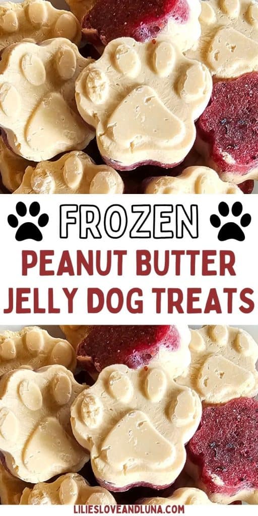 A close-up of frozen paw-shaped dog treats made with peanut butter and raspberry jelly, highlighting their colorful layers and playful shape.