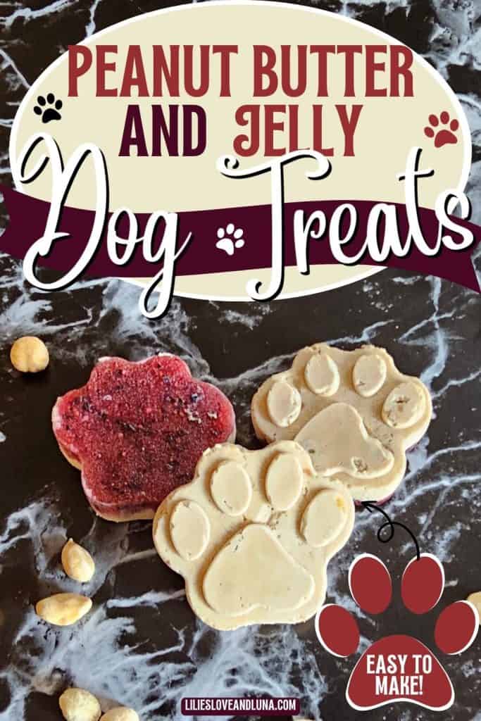 Homemade peanut butter and jelly dog treats shaped like paw prints are displayed on a dark surface, with a few peanuts scattered nearby, highlighting a simple recipe for dog-friendly frozen desserts.