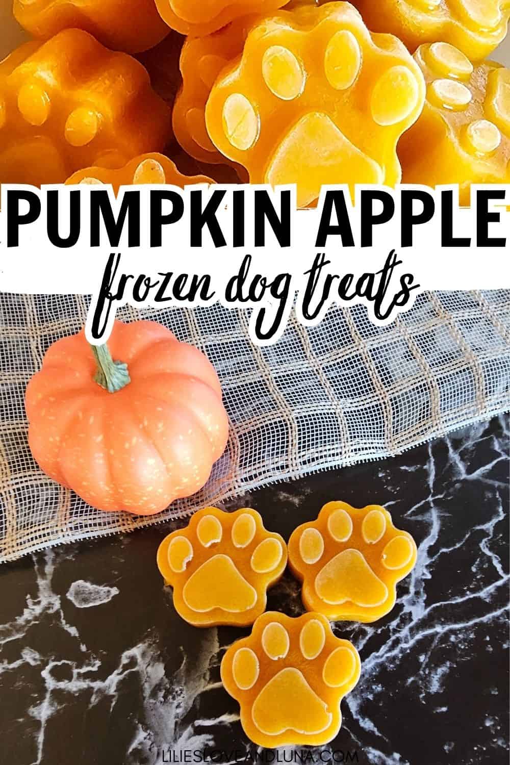 Image of paw-shaped frozen dog treats made with applesauce and pumpkin, placed on a dark surface with a textured background.