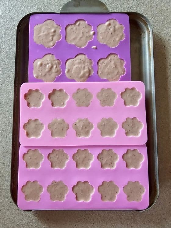 Paw shaped silicone molds filled and ready for the freezer.