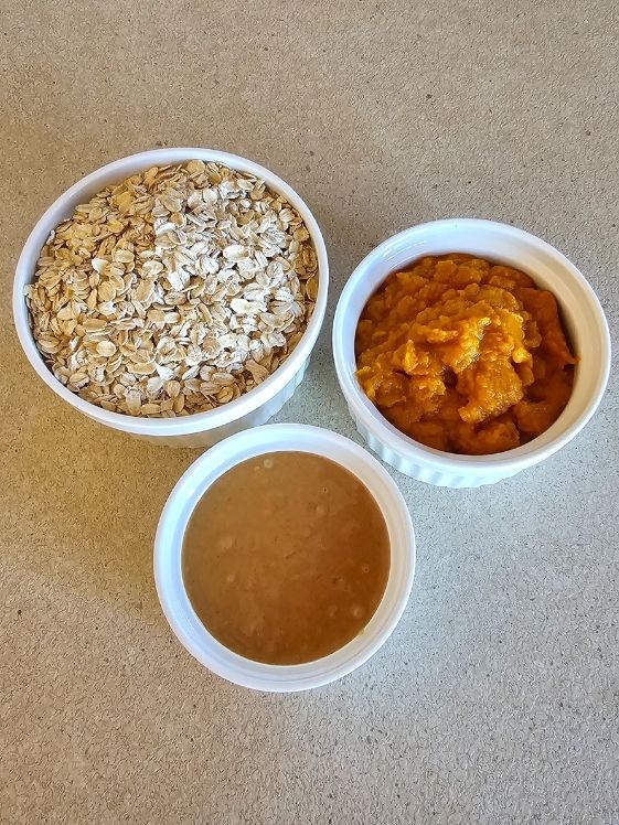Old-fashioned oats, pumpkin puree, and peanut butter in individual white bowls.