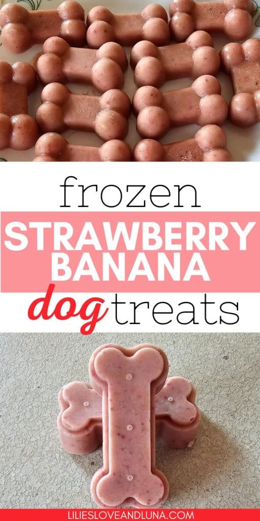 Pin image of bone shaped frozen dog treats with a text overlay that reads frozen strawberry banana dog treats.