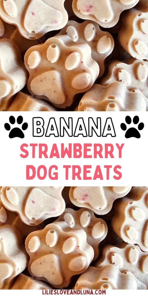 A close-up image of homemade banana and strawberry dog treats shaped like paw prints, suitable as frozen snacks for dogs.
