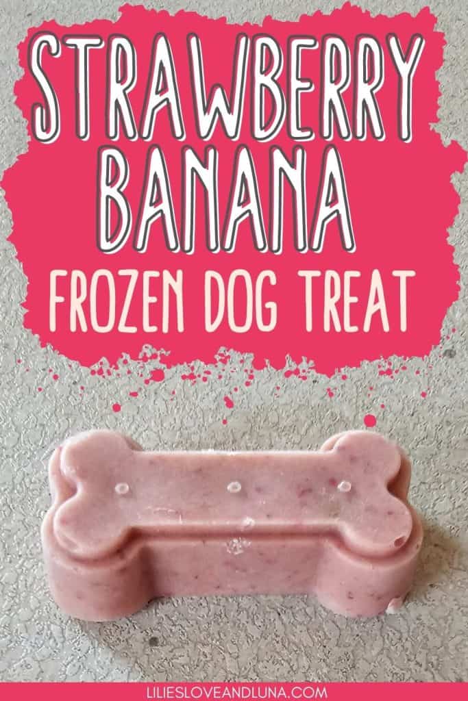 Pin image of a bone shaped frozen dog treat with a text overlay that reads strawberry banana frozen dog treat.