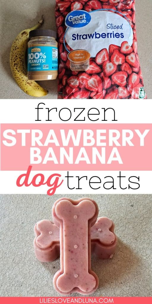 Pin image of a banana, jar of peanut butter and bag of frozen sliced strawberries above text that reads frozen strawberry banana dog treats. The text is above two bone shaped frozen dog treats that are stacked on each other.