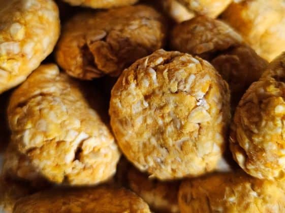 Closeup of no bake pumpkin and yogurt dog treats.