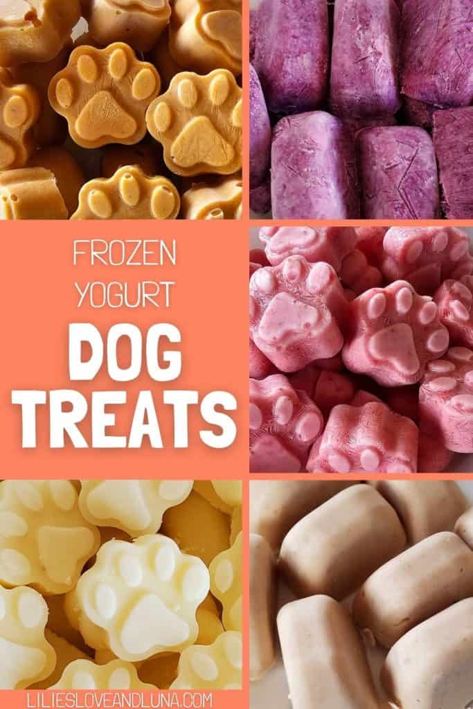 Pin image of a collage of frozen dog treats with a text overlay that reads frozen yogurt dog treats.