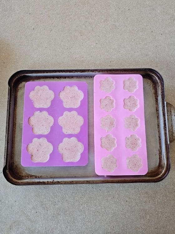 Paw shaped silicone molds filled and ready for the freezer.