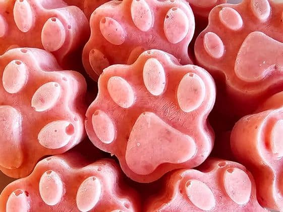 Paw shaped strawberry pineapple frozen dog treats.