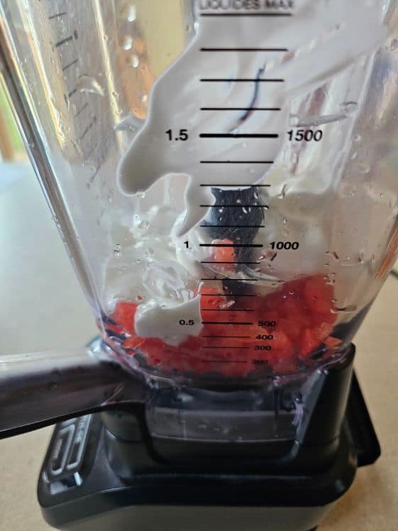 Chopped watermelon and Greek yogurt in a blender.