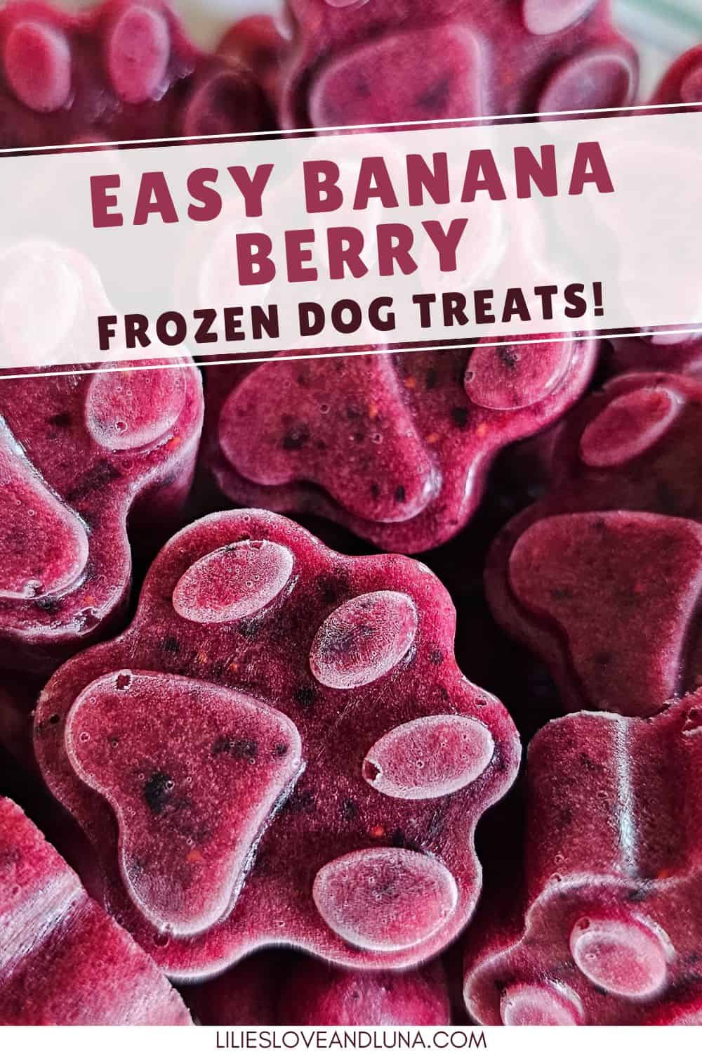 Pin image of paw shaped frozen banana berry dog treats with a text overlay that reads easy banana berry frozen dog treats.