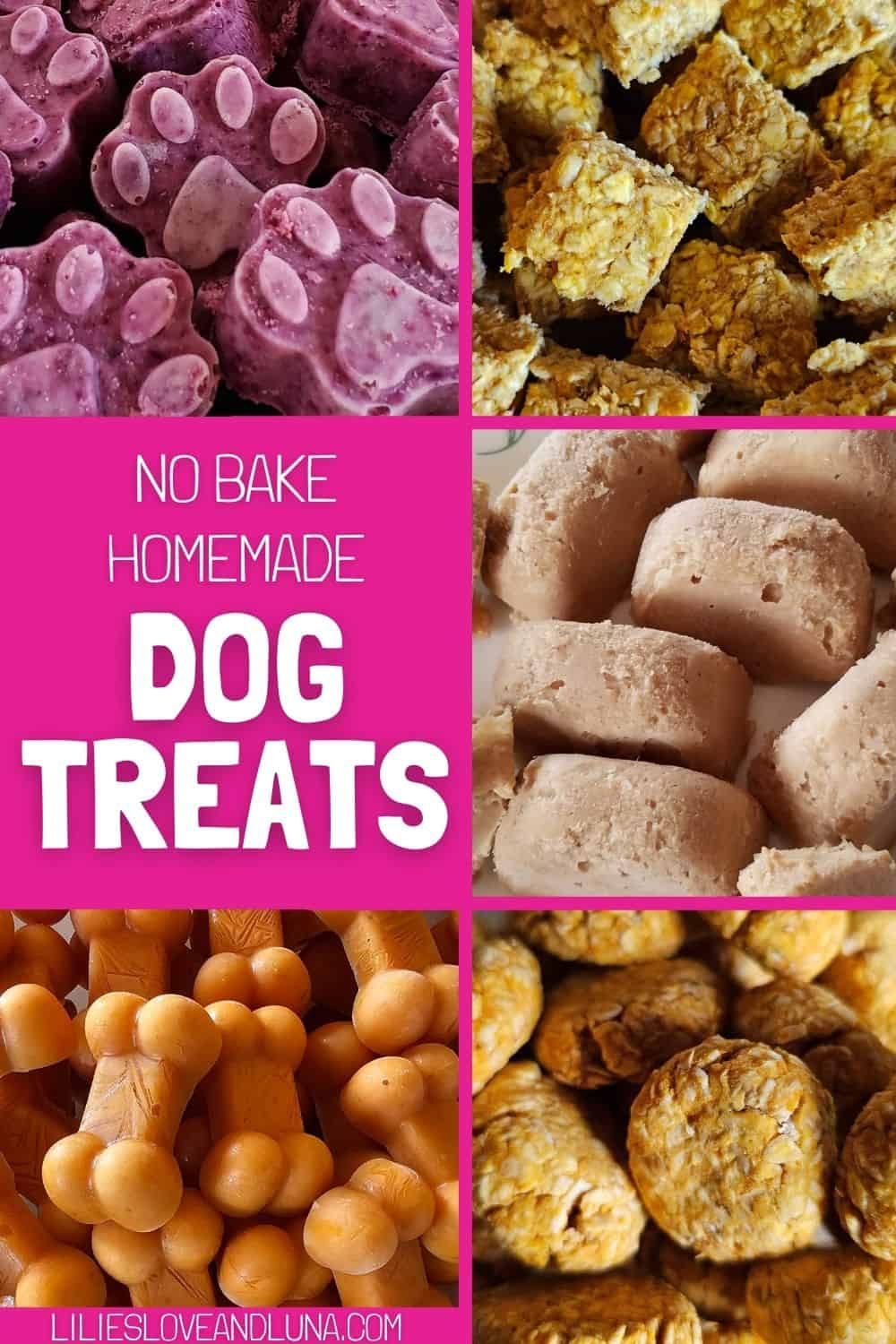 Pin image of dog treats with a text overlay that reads no bake homemade dog treats.
