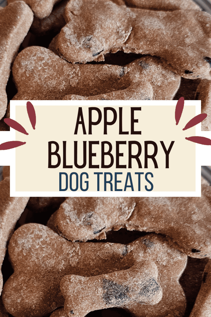 Pin image of bone shaped dog treats with a text overlay that reads apple blueberry dog treats.