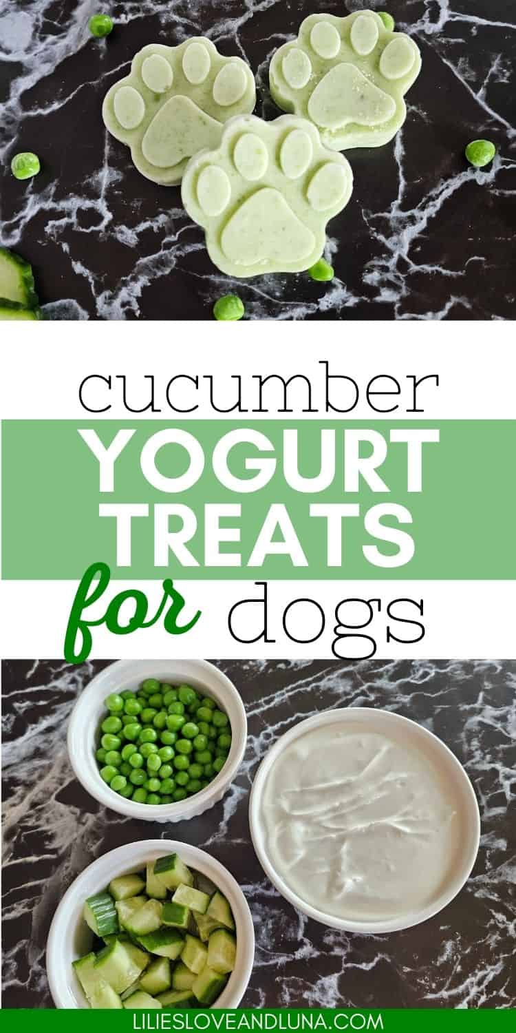 Pin image of 3 paw shaped frozen dog treats above text that reads cucumber yogurt treats for dogs. Below the text is 3 bowls, one each of peas, yogurt, and chopped cucumbers.