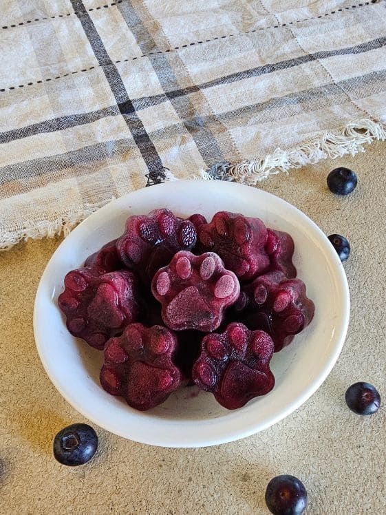 Paw shaped watermelon blueberry frozen dog treats in a bowl next to a kitchen towel.