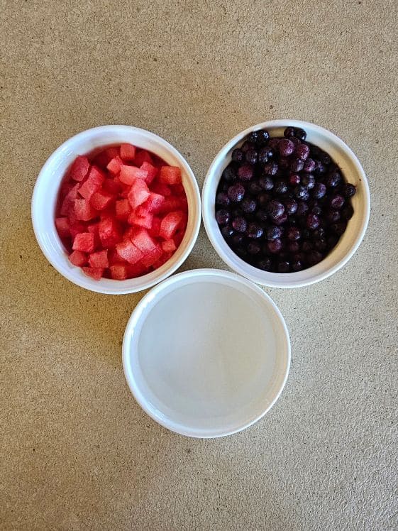Watermelon, blueberries, and water in individual white bowls.