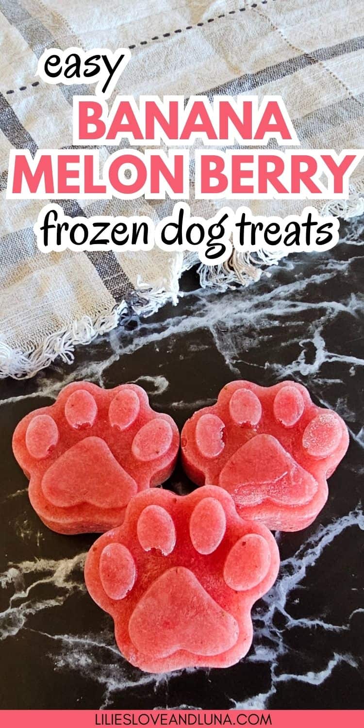 A close-up of three paw-shaped frozen dog treats set on a dark marble surface with a linen cloth in the background, labeled as "easy banana melon berry frozen dog treats."