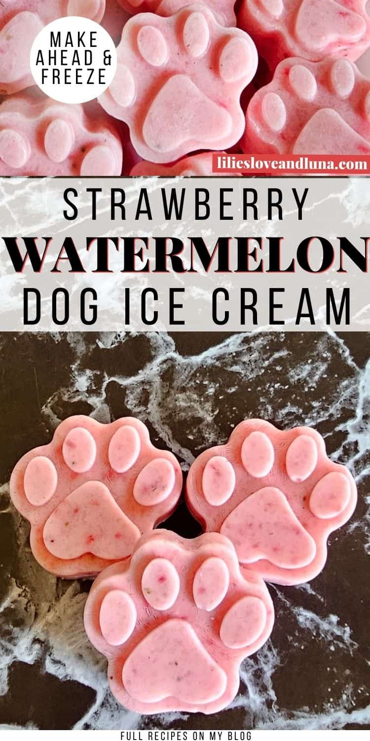 Homemade strawberry watermelon dog ice cream treats shaped like paw prints on a marbled surface.