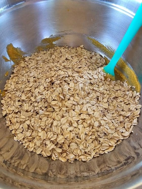 Oats added to wet ingredients.
