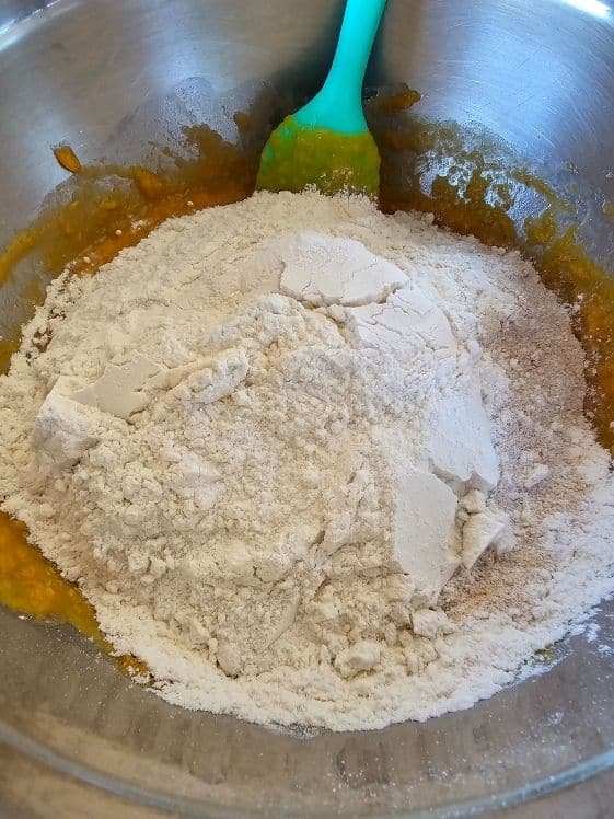 Flours added to the wet ingredients.
