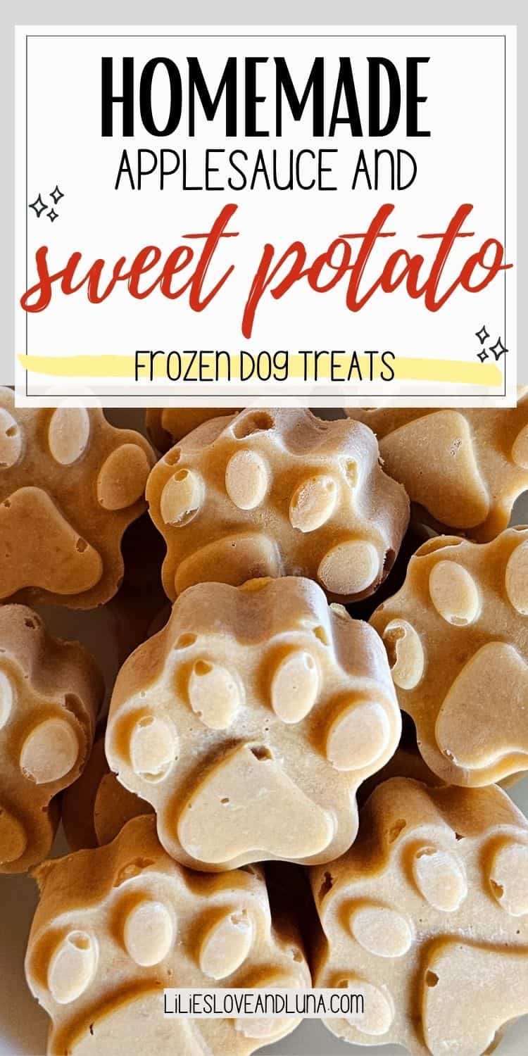 A close-up of frozen dog treats shaped like paw prints, made from homemade applesauce and sweet potato, ideal for autumn flavors and easy DIY dog snacks.