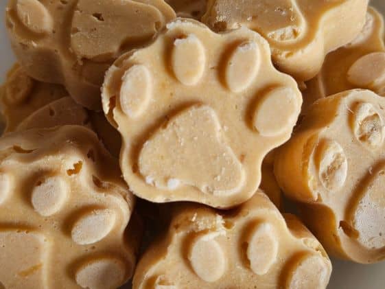 Close up of paw shaped frozen peanut butter sweet potato dog treats.